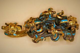 RARE - Antique Fine CHINESE Gilt Gold BRONZE Belt Hook DRAGON Tiger Ox Turquoise 2