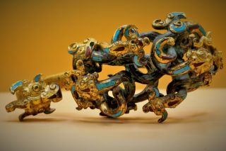 RARE - Antique Fine CHINESE Gilt Gold BRONZE Belt Hook DRAGON Tiger Ox Turquoise 3