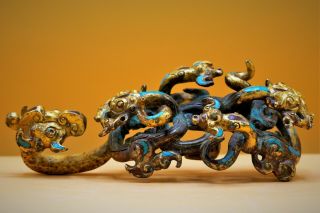 RARE - Antique Fine CHINESE Gilt Gold BRONZE Belt Hook DRAGON Tiger Ox Turquoise 4