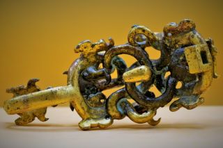 RARE - Antique Fine CHINESE Gilt Gold BRONZE Belt Hook DRAGON Tiger Ox Turquoise 5