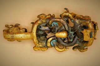 RARE - Antique Fine CHINESE Gilt Gold BRONZE Belt Hook DRAGON Tiger Ox Turquoise 6
