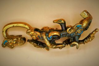 RARE - Antique Fine CHINESE Gilt Gold BRONZE Belt Hook DRAGON Tiger Ox Turquoise 7