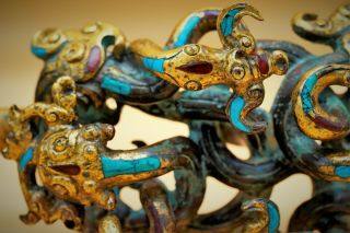RARE - Antique Fine CHINESE Gilt Gold BRONZE Belt Hook DRAGON Tiger Ox Turquoise 8