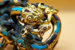 RARE - Antique Fine CHINESE Gilt Gold BRONZE Belt Hook DRAGON Tiger Ox Turquoise 9