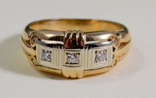 Retro 1940s - 50s Mens Deco Two - Tone 14k Solid Gold & 3 Diamond Ring Kingoff Sz.  9