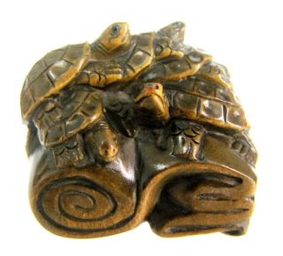 Y4198 - 2 " Hand Carved Boxwood Netsuke : Turtles