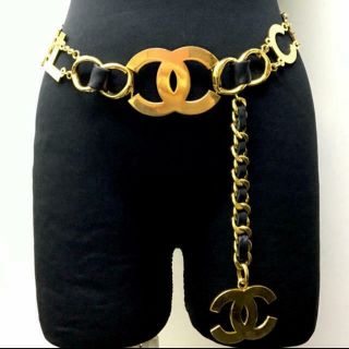 Auth Chanel Vintage Chain Belt Black & Gold Coco Mark Logo Buckle Ladies