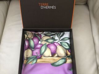 Hermes Paris 100 Silk Scarf White Purple Fruits Themes