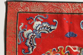 Antique Chinese 19th Century Silk Embroidered Red Felt Panel Figure Beast Bats 10
