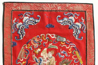 Antique Chinese 19th Century Silk Embroidered Red Felt Panel Figure Beast Bats 6