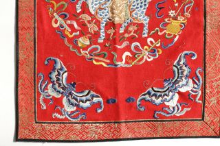 Antique Chinese 19th Century Silk Embroidered Red Felt Panel Figure Beast Bats 9