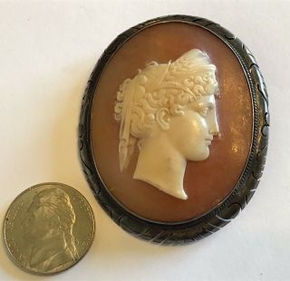 Vintage Antique Art Nouveau Sterling Silver Shell Carved Cameo Brooch