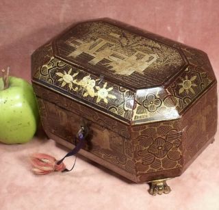 Antique C1880 Chinese Wood Tea Caddy Black Lacquer & Gold Painted Complete