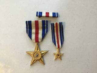 Wwii - Us Military Silver Star Medal,  Full Size W/ribbon Bar & Miniature Version