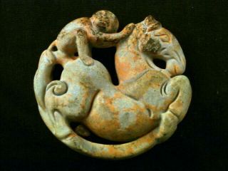 Fine Chinese Old Jade Hand Carved Monkey On Horse Pendant P229