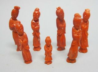 Fine Set Of 7 Antique Carved Precious Red Coral Figures Of Elders C.  1920
