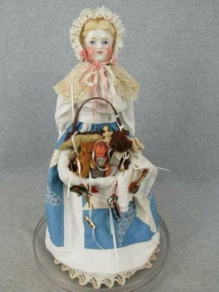 20 " Antique German China Shoulder Head Peddler Doll W Basket Of Goodies