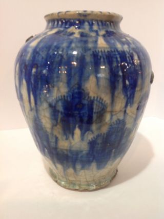 Persian Pottery Ceramic Vase.  Antique Pre - 1800.  Blue White Decoration