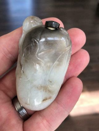 Antique Chinese White Pebble Jade Snuff Bottle Carved Squirrel 19th Qing Dynasty