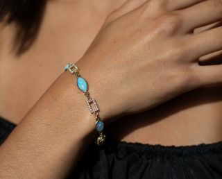 Estate Turquoise,  Opal And.  80 Ct.  Diamond Bracelet 14k Gold 7” 12.  1 Gm NR 2