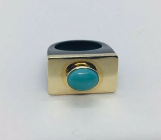 Vintage 14k Yellow Gold Black Onyx & Blue Turquoise Modernist Ring Size 7 2