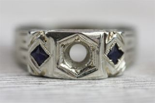 Art Deco 18 K White Gold Syn Sapphire Semi Mount Ring Etched - Sz 8.  5 N2673