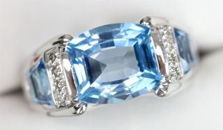 Modern 14 K White Gold Diamond Blue Topaz Gemstone Ring Luxury Design Sz (9)