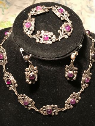 Antique Taxco Mexican Sterling Amethyst Parure Necklace Bracelet Earrings Parure
