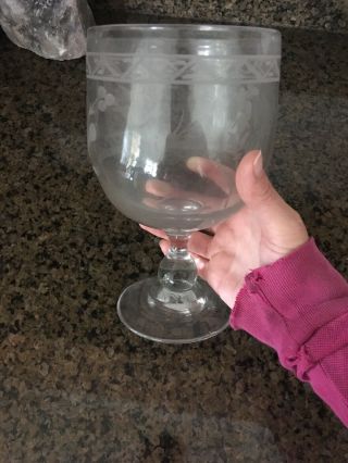 Antique Open Pontil Wine Goblet Clear Etched Glass 8”