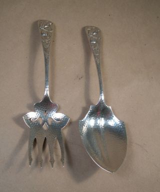 Early Whiting Sterling Silver Salad Serving Set Hand Hammered / Floral