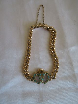 Lovely Antique 15ct Gold Bracelet With 2 Hearts Decorated With Turquoise Stones