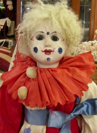 Antique 25 " French Compo Factory Clown W/lambswool Wig Rare Doll,