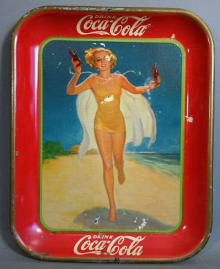 1937 Antique Art Deco Beach Lady Coca Cola Old Bottle Tin Litho Advertising Tray