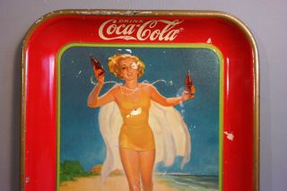 1937 Antique ART DECO Beach Lady COCA COLA Old BOTTLE Tin LITHO Advertising TRAY 2