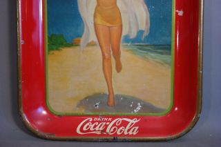 1937 Antique ART DECO Beach Lady COCA COLA Old BOTTLE Tin LITHO Advertising TRAY 3
