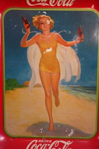 1937 Antique ART DECO Beach Lady COCA COLA Old BOTTLE Tin LITHO Advertising TRAY 4