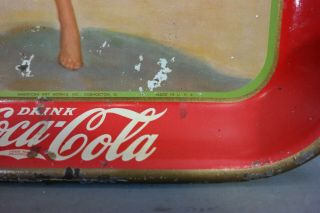 1937 Antique ART DECO Beach Lady COCA COLA Old BOTTLE Tin LITHO Advertising TRAY 5