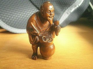 Hand Carved Wood Netsuke Man Sell Drink From Barrel Boxwood Collectable Figurine