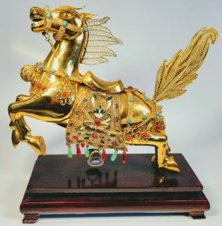 Fine Antique Chinese Enamel Jade & Carnelian On Silver And Filigree Horse Statue