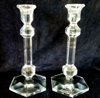 Pair Vintage Tall Val St Lambert Crystal Glass Candlesticks Art Deco 9.  5 "