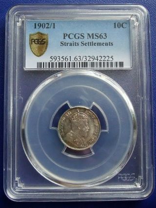 10 Cents 1902/01 =overdate= Straits Settlements Pcgs Ms - 63 Rare Or Unique