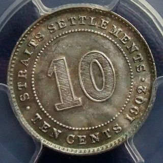 10 cents 1902/01 =OVERDATE= Straits Settlements PCGS MS - 63 RARE or UNIQUE 3