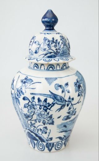 Antique Large Dutch Delft Chinoiserie Blue Lidded 13 " Bird Vase Ginger Jar