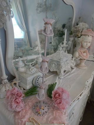 Vintage Japan Victorian Pink Metal 3 Hand Clip Stand W/ Porcelain Roses &gems
