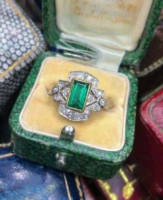 Vintage Art Deco 3 Ct Emerald Edwardian Engagement Antique 14k White Gold Ring