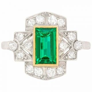 Vintage Art Deco 3 Ct Emerald Edwardian Engagement Antique 14K White Gold Ring 2
