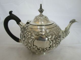 Fine Antique Victorian Sterling Silver Embossed Teapot,  657 Grams,  1881