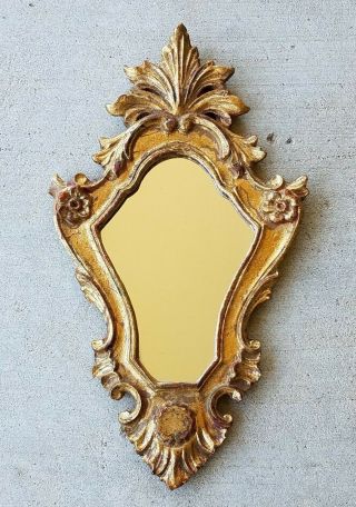 Vintage Small Gold Gilt Painted Wood Mirror Ornate Italian Florentine 13.  5 " Tall