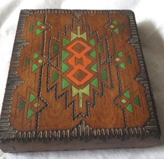 Vintage Wood Inlaid Box W/carved Wood And Hand Painted Indian?