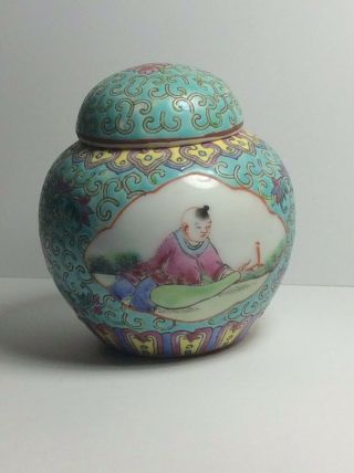 Vintage Chinese Porcelain Ginger Spice Jar Pot Famille Rose Blue Ground C1949